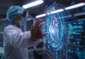 Surgeon uses index finger to touch virtual holographic button about heart system