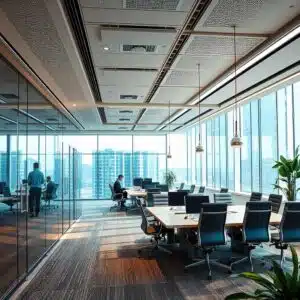 Futuristic office space with cutting-edge technology, smart lighting, and flexible work areas.