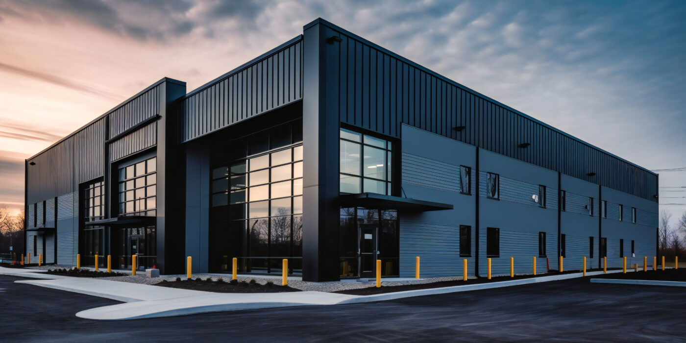 a large industrial building with an open door