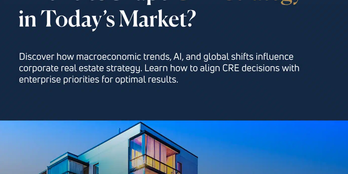 Graphic illustrating the alignment between macro trends, enterprise priorities, and corporate real estate (CRE) strategy, including factors like economy, global trade, and AI influencing financials, talent, and sustainability in business decisions.