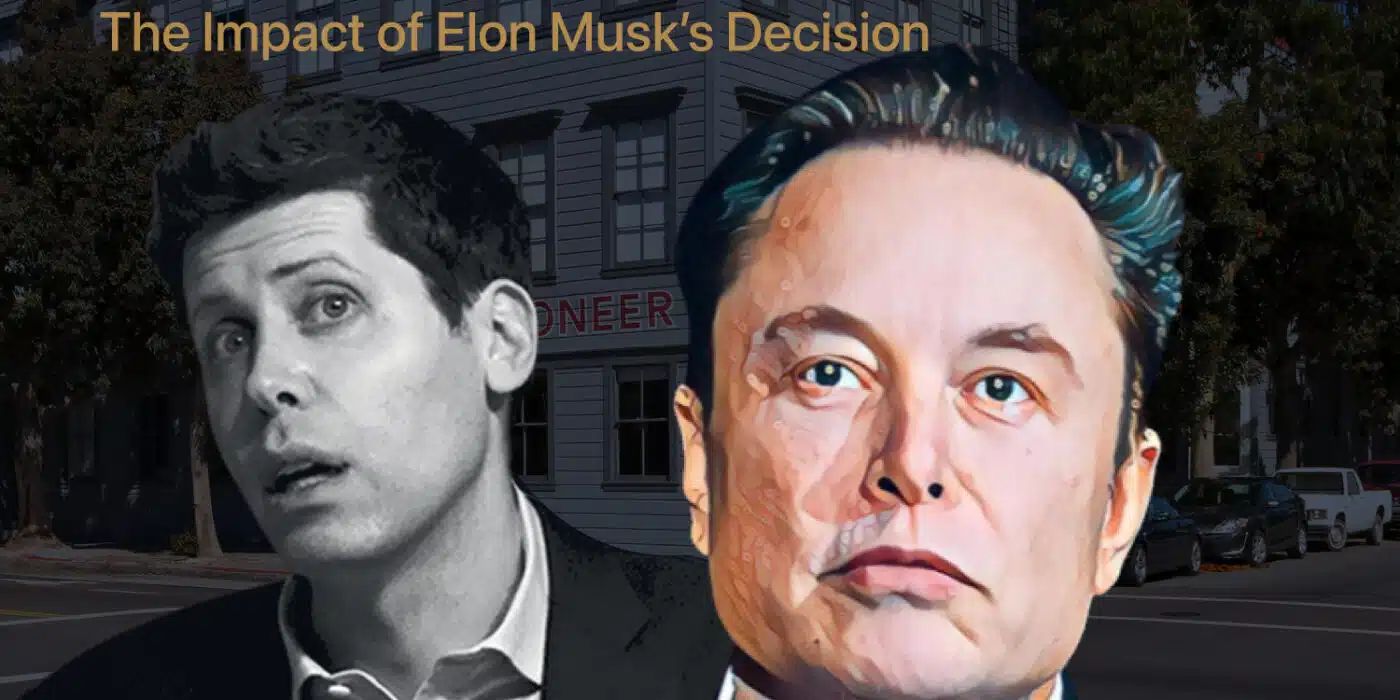 Image showing the Pioneer Building in San Francisco with overlayed portraits of Sam Altman and Elon Musk, illustrating OpenAI's exit from its headquarters due to Musk's decision to stop paying rent.