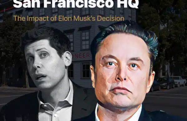 Image showing the Pioneer Building in San Francisco with overlayed portraits of Sam Altman and Elon Musk, illustrating OpenAI's exit from its headquarters due to Musk's decision to stop paying rent.