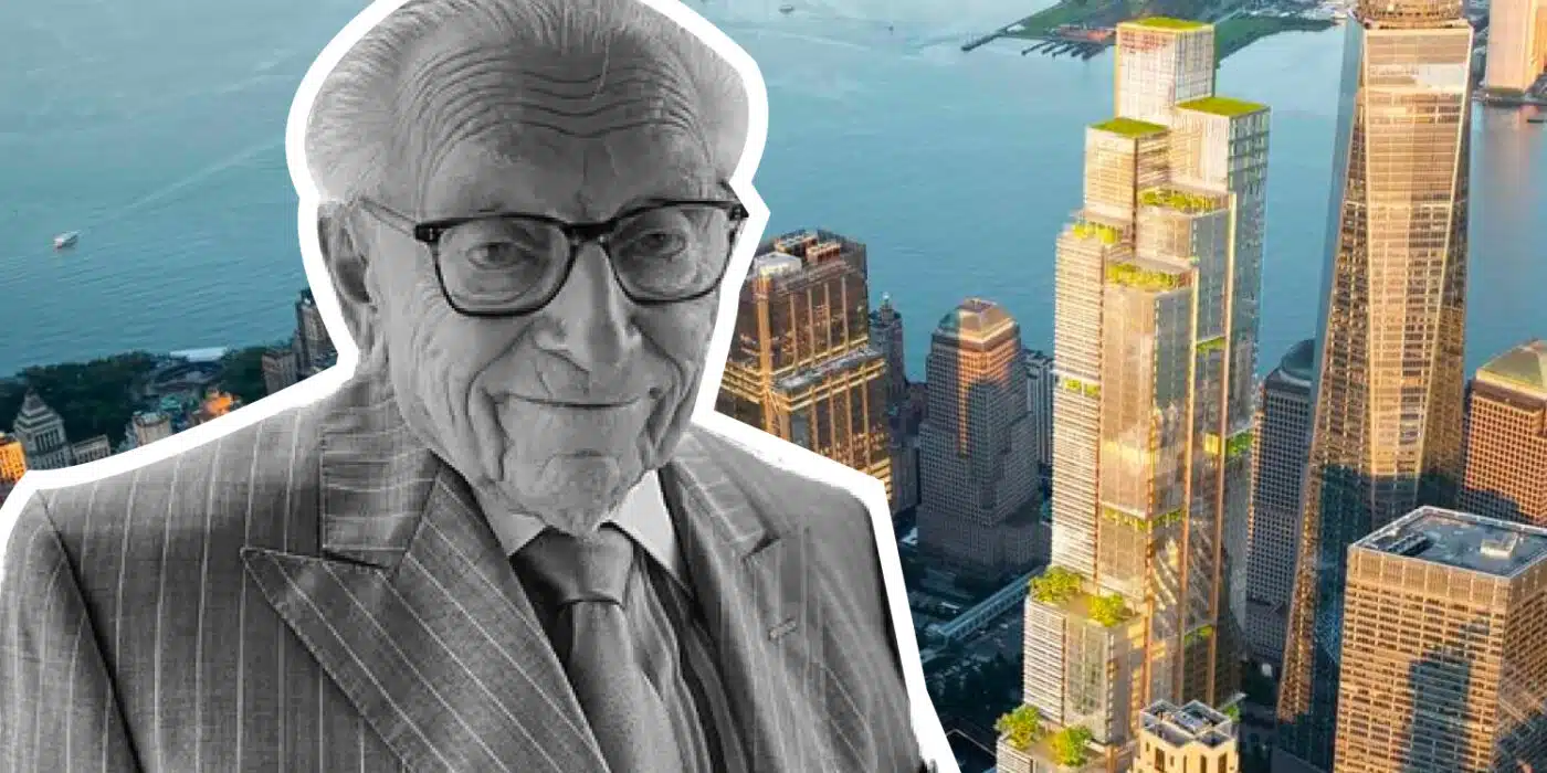 Black-and-white image of Larry Silverstein in front of a colored aerial view of Lower Manhattan, showcasing the futuristic design of 2 World Trade Center, with the Hudson River and Statue of Liberty in the background.