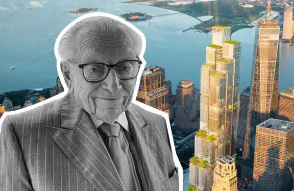 Black-and-white image of Larry Silverstein in front of a colored aerial view of Lower Manhattan, showcasing the futuristic design of 2 World Trade Center, with the Hudson River and Statue of Liberty in the background.