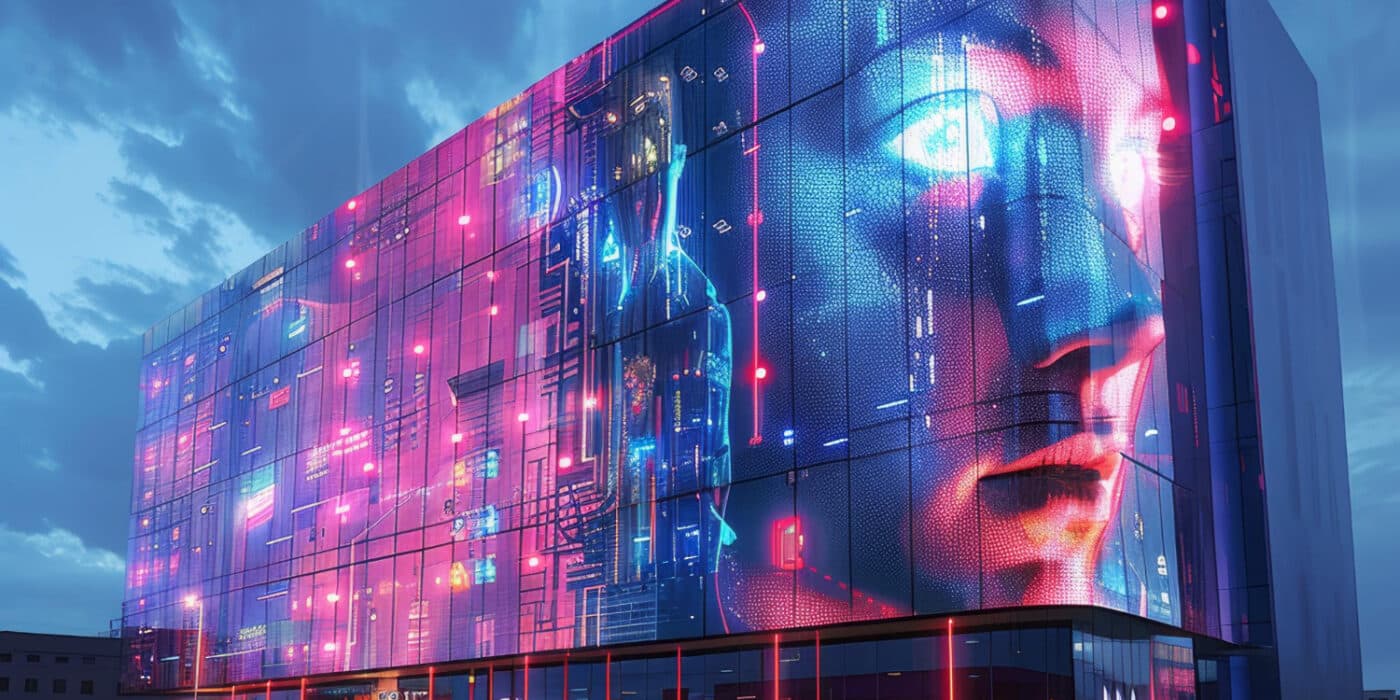 A building with a large image of a woman on the side of it