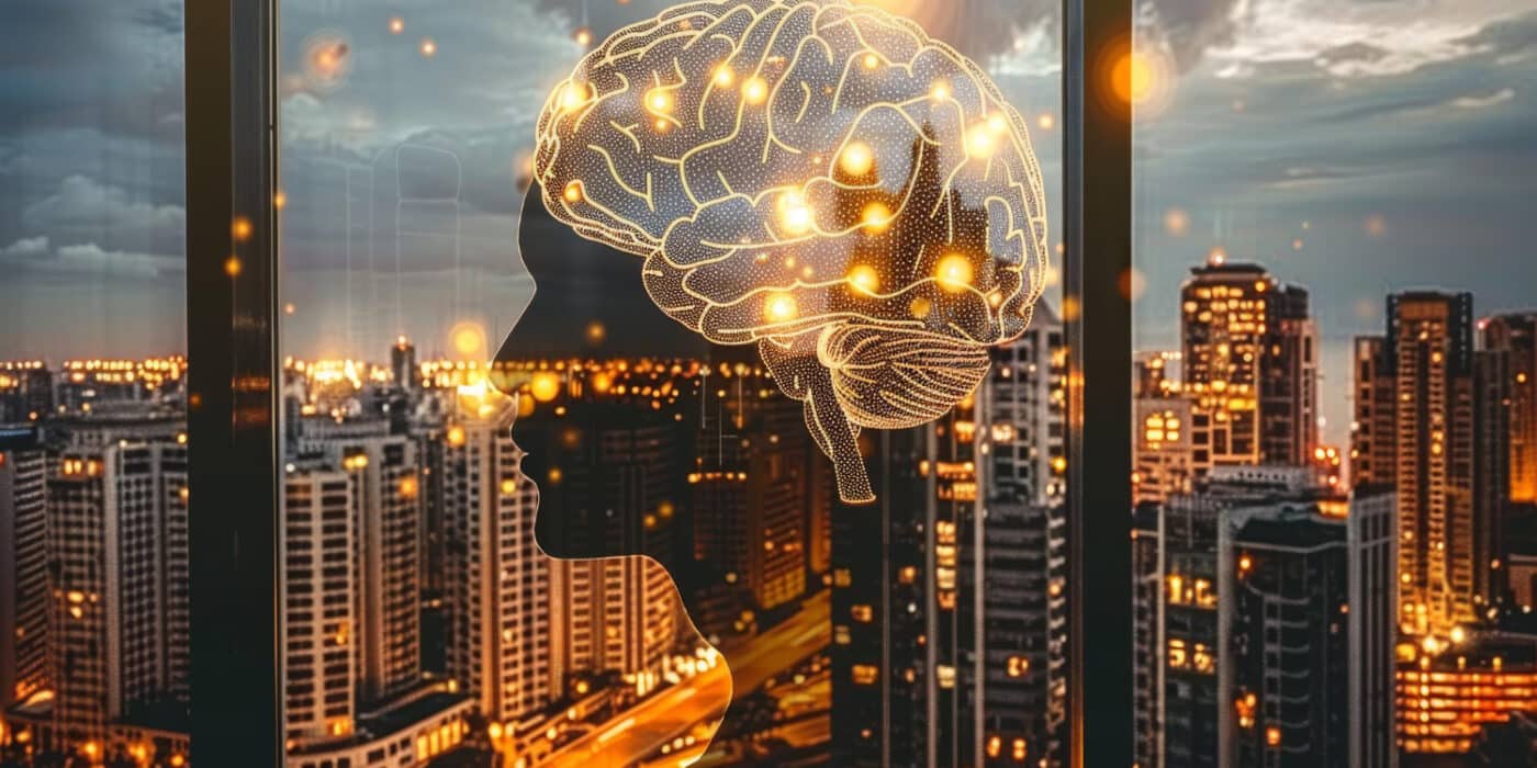 Futuristic brain with cityscape background emphasizing the integration of human cognition with urb