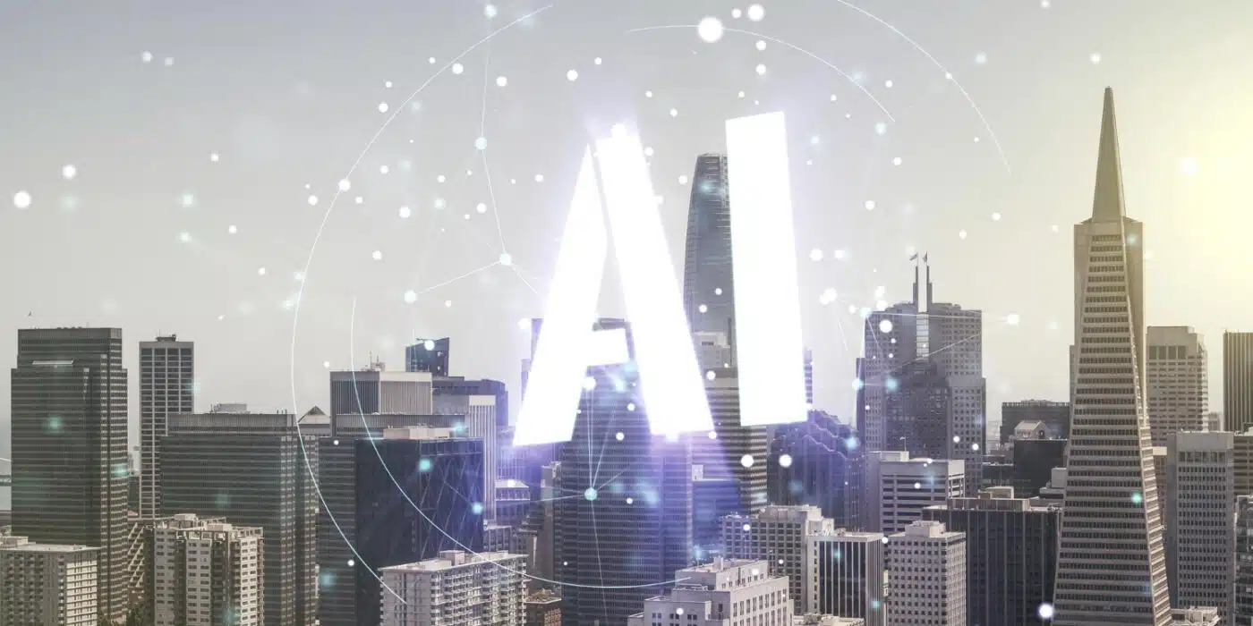 Abstract virtual artificial Intelligence symbol hologram on San Francisco skyline background Multiexposure