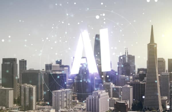 Abstract virtual artificial Intelligence symbol hologram on San Francisco skyline background Multiexposure