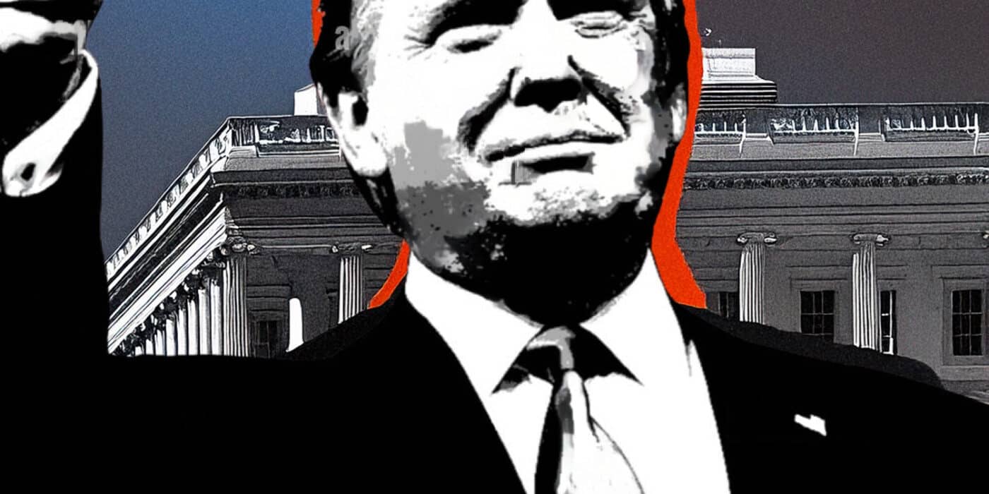 Graphic illustration of Donald Trump giving a thumbs-up, positioned against a backdrop of the U.S. Capitol building, symbolizing his return to the White House in 2024. This bold, high-contrast image conveys Trump's prominent role in politics and potential implications for real estate and regulatory policies.